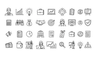 A set of minimalist line icons representing various office-related themes including business, finance, management, and communication, ideal for professional and corporate use