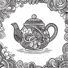 Zen art teapot. Zentangle tea for the adult antistress coloring book Zendoodle.