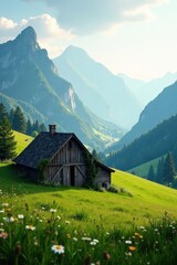 Obraz premium Serene Mountain Valley Farmhouse with Lush Meadow and Blooming Wildflowers