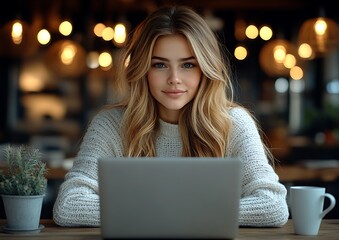 Woman working on laptop in cafe