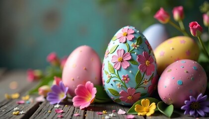 Vibrant pastel Easter eggs decorated with flowers, ribbons, and glitter, displayed on a rustic wooden surface , pretty, art, nature