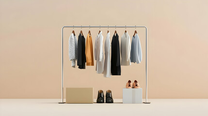 Beige Background Wardrobe Display With Stylish Clothing And Shoes