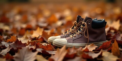 Brown canvas high-top boots resting on a bed of autumn leaves