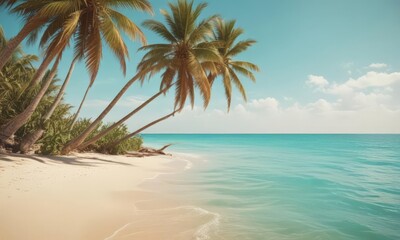 Golden sand, turquoise water, leaning palms, vintage film grain,  blue,  horizon,  distressed