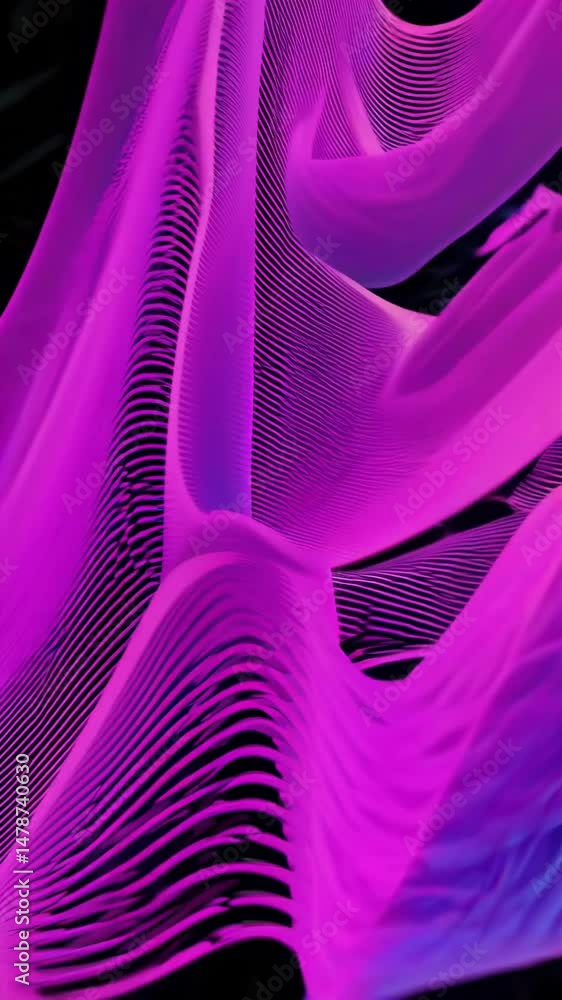 Poster undulating waves of lines in an abstract digital animation transition between vibrant pink, purple, 