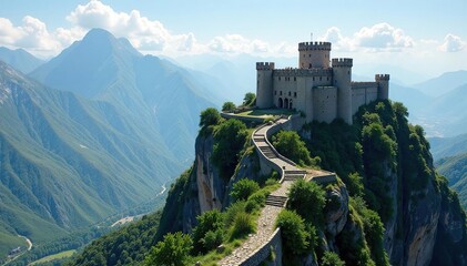 Obraz premium Majestic mountaintop fortress, ancient stone walls, overlooking vast kingdom Strategic location, imposing structure, royal residence , sky, towers, solitary