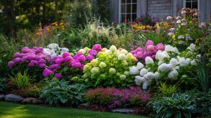 Vibrant hydrangea border in a sunny garden.  A colorful display of hydrangeas in various shades of pink, purple, and white, nestled within a mixed border of perennials and grasses