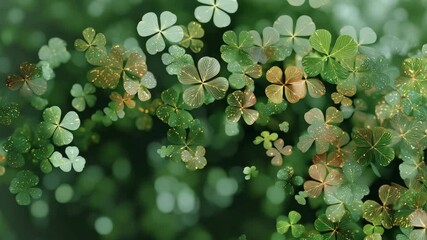 Delicate and shimmering green and gold four leaf clovers create a festive and dreamy abstract field of luck and good fortune celebration