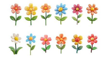 3d collection of cartoon flowers isolated on a transparent background
