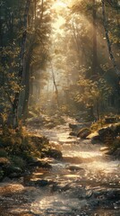 Obraz premium Sunlight streams through a lush, green forest, illuminating a tranquil flowing stream.