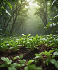 Delicate coffee seedlings sprout amidst lush green foliage ,  bright,  sprout