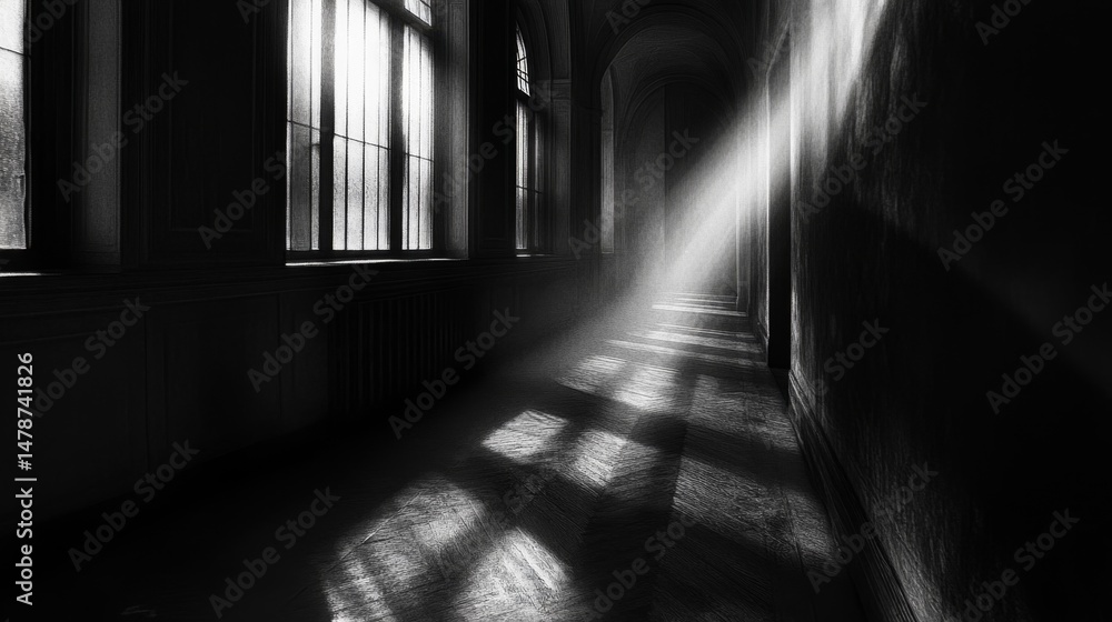 Poster monochrome light rays casting shadows in an empty corridor