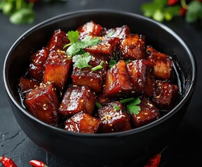 Sweet and savory braised pork cubes in a dark bowl