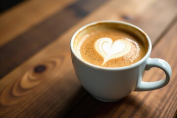 Obraz premium Aromatic Coffee Drink with Heart Design in a Cup on Wooden Table