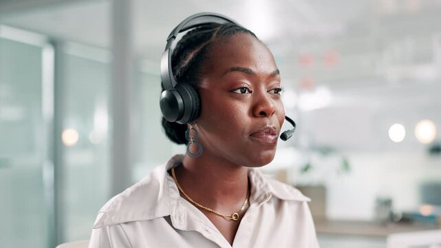 Headset, helpdesk and support with black woman in call center for assistance or feedback. Contact us, conversation and customer service with smile of agency employee in workplace as virtual assistant