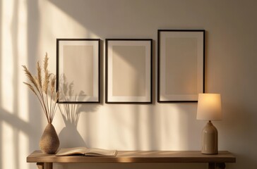 Minimalist setup with trio of A4 frames in black glass frame, warm