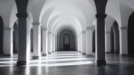 Obraz premium Sunlit Arched Hallway with White Columns