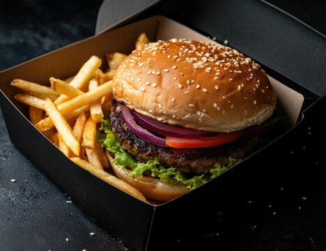 Freshly made burger and fries in a takeaway box