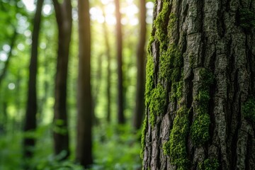 Closeup Mossy Tree Bark Texture Green Forest Sunlight Nature Wood Leaf View Plant Scene Image Summer