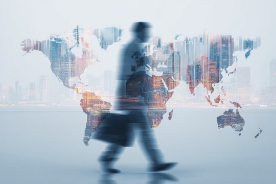 Blurred silhouette of a businessman moving across overlapping international time zones, symbolizing global executive mobility, business travel, leadership, and international opportunity