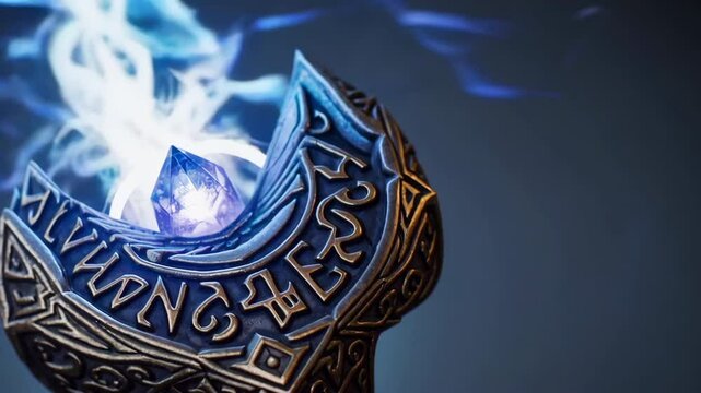 Magical staff emitting light and smoke on dark background
