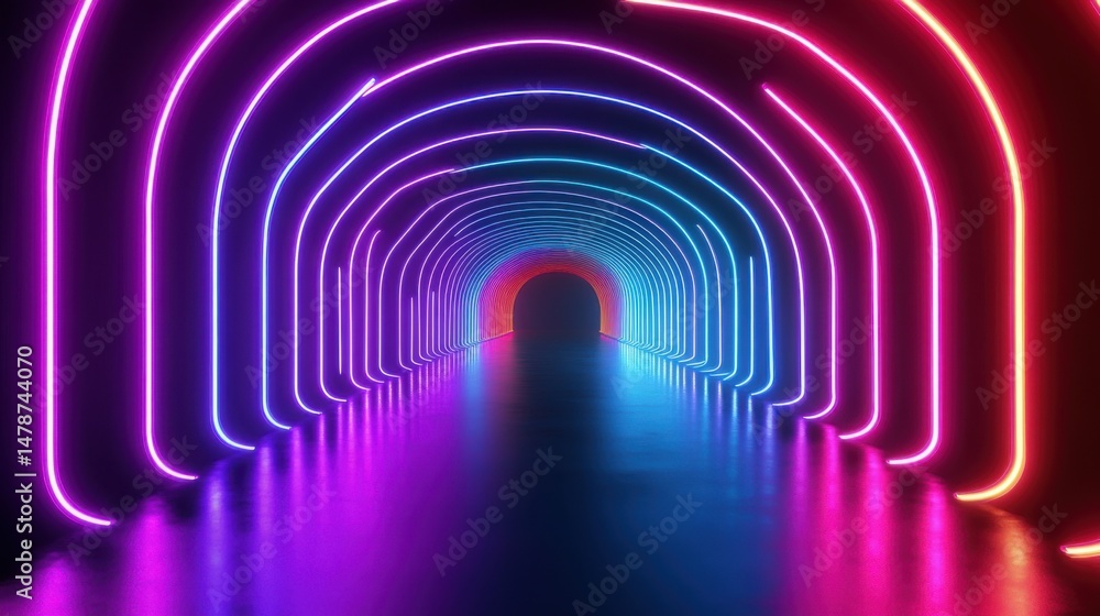 Poster neon light tunnel perspective view with vibrant colors and reflections in studio setting abstract de