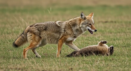 Naklejka premium Coyote and Cub Playing in Field