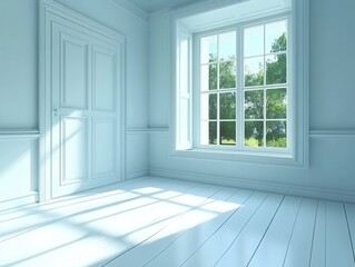 Obraz premium Light-filled, pale blue room with classic design. Sunlight streams through a large bay window, illuminating the light-colored wooden floor. Elegant molding and a simple door complete the space