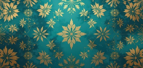 Gold Floral Pattern on Teal Background