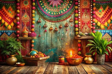 Fototapeta premium Vintage Hand-Painted Festival Backdrop with Ethnic Motifs: Vibrant Colors & Traditional Designs