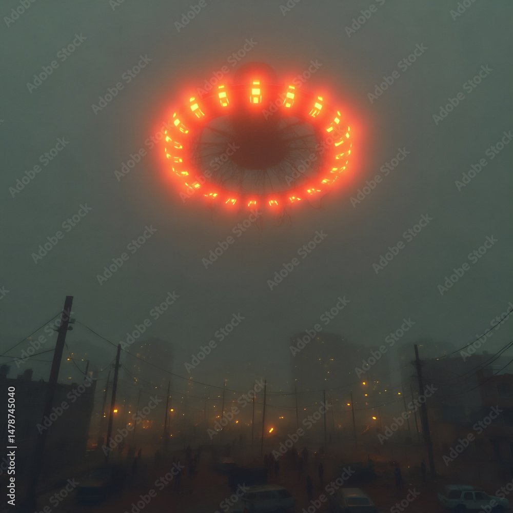 Poster mysterious 3d rendering of a large, bioluminescent alien vessel hovering above a sprawling cityscape