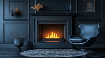 Cozy Fireplace Ambiance: A tranquil room featuring a classic fireplace, with a glowing fire, accompanied by an elegant armchair, and framed by dark, sophisticated interior design.