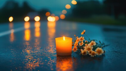 A single candle illuminates a wet road, a gentle reminder