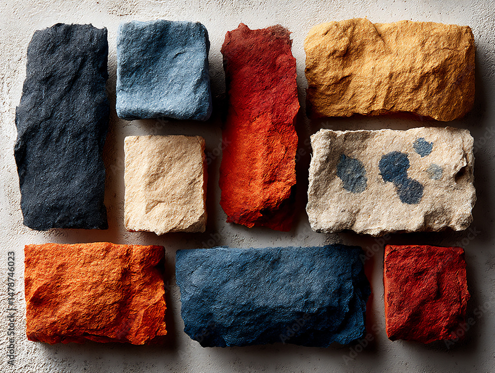 Poster bright and flat lay photograph displaying a diverse array of textured paper in various shades, laid 