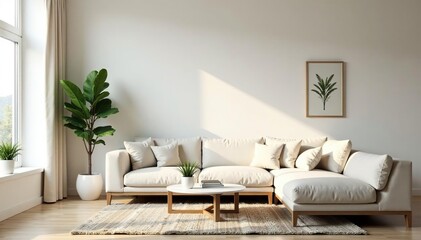 Serene minimalist living room with neutral tones and simple decor Plant adds a touch of nature , interior, indoor plant
