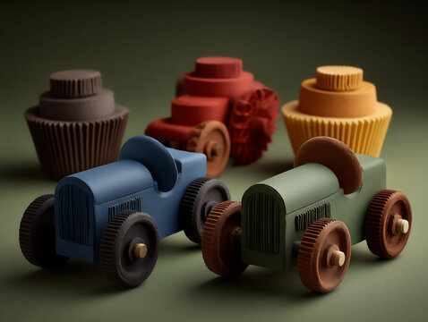 bright and educational diy tutorial style composite photograph collage illustrating the steps to create simple toy cars from recycled paper cups and bottle caps,