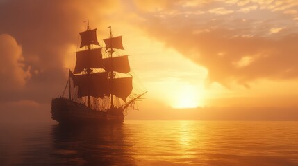Magnificent galleon gracefully sails at sunset during golden hour over the ocean