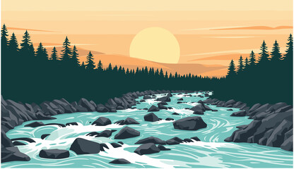 Serene Sunset River Landscape Tranquil Waters Flowing Through Rocky Terrain, Scenic Vista, Nature Photography