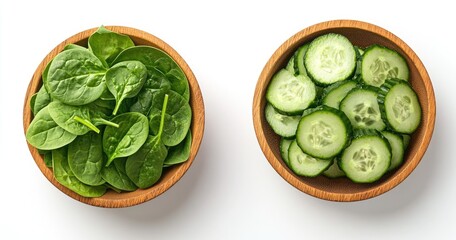 Obraz premium Fresh spinach and cucumber in bowls (1)