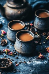 Rustic Tea Still Life with Ceramic Cups and Teapot on Dark Background Overhead Shot