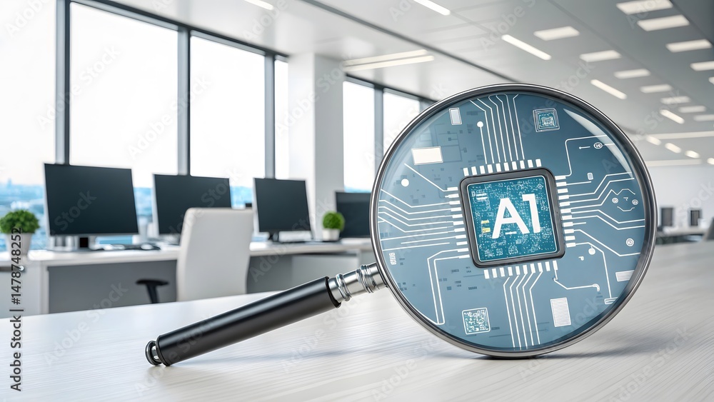 Poster ai-powered search innovation a magnifying glass reveals a circuit board with an ai chip, symbolizing