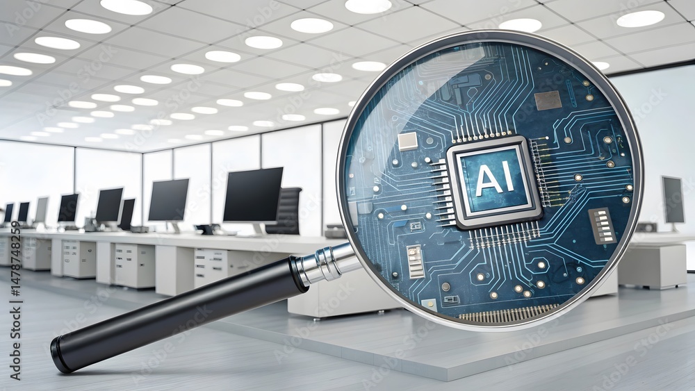 Poster magnifying glass reveals ai chip technology, a glimpse into the future of smart office automation an