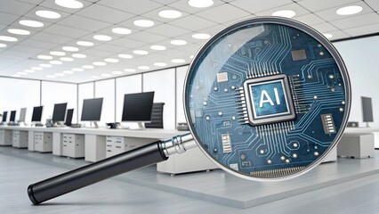 Fototapeta premium Magnifying Glass Reveals AI Chip Technology, a Glimpse into the Future of Smart Office Automation and Data Analysis Solutions.
