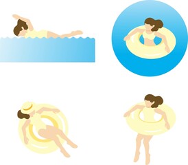 アイソメトリック　人物　女性　海　プール　水着　水泳　夏　スポーツ　レジャー　イラスト素材セット