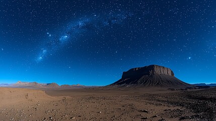 Starry desert night landscape. Dark mesa under a vibrant night sky