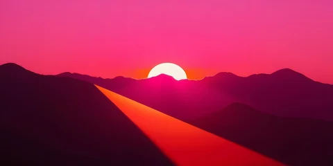 Fotobehang Vibrant crimson sunset paints the mountain peaks, casting long shadows across a landscape bathed in warm, fiery hues. A breathtaking spectacle of natures artistry. © Natsumae