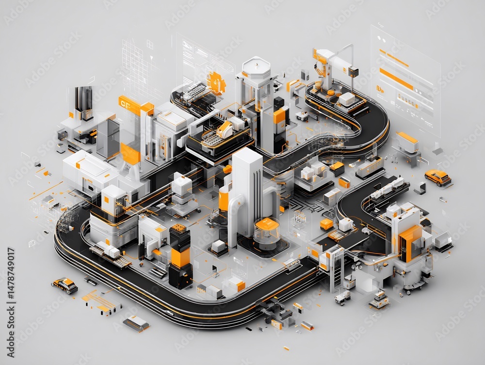Aufkleber abstract isometric factory model with production lines and futuristic elements