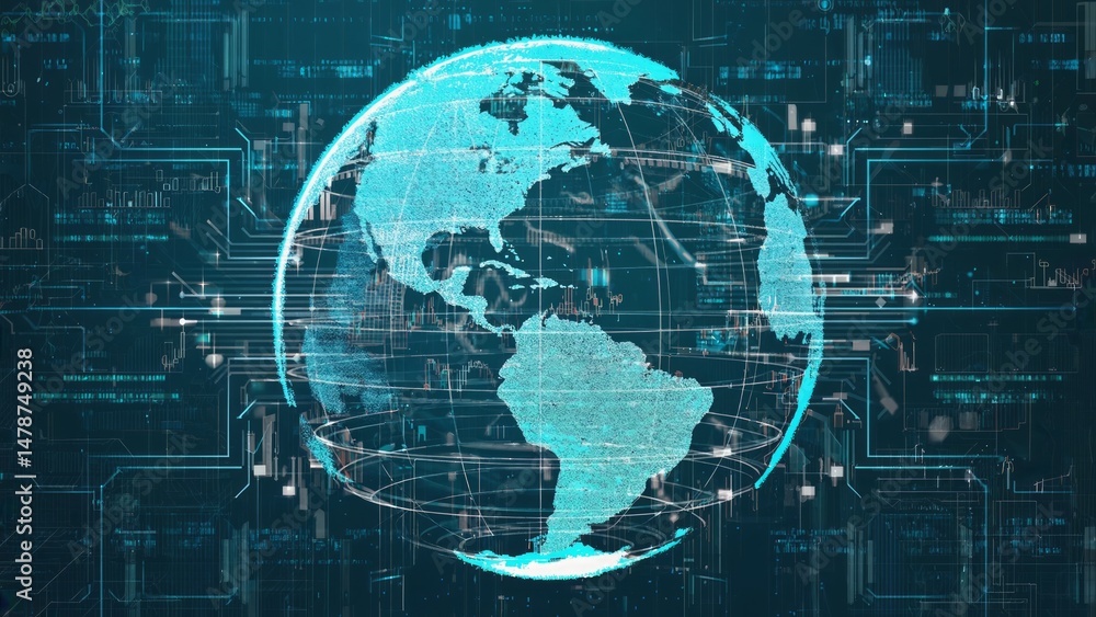 Poster digital globe with interconnected lines on a futuristic, circuit board-like background