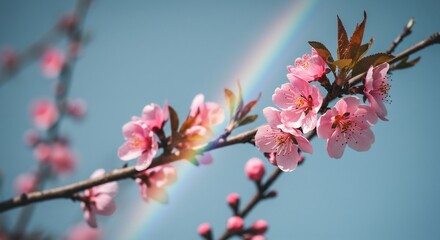 Obraz premium 虹色輝く空の下 淡く咲く桜の枝