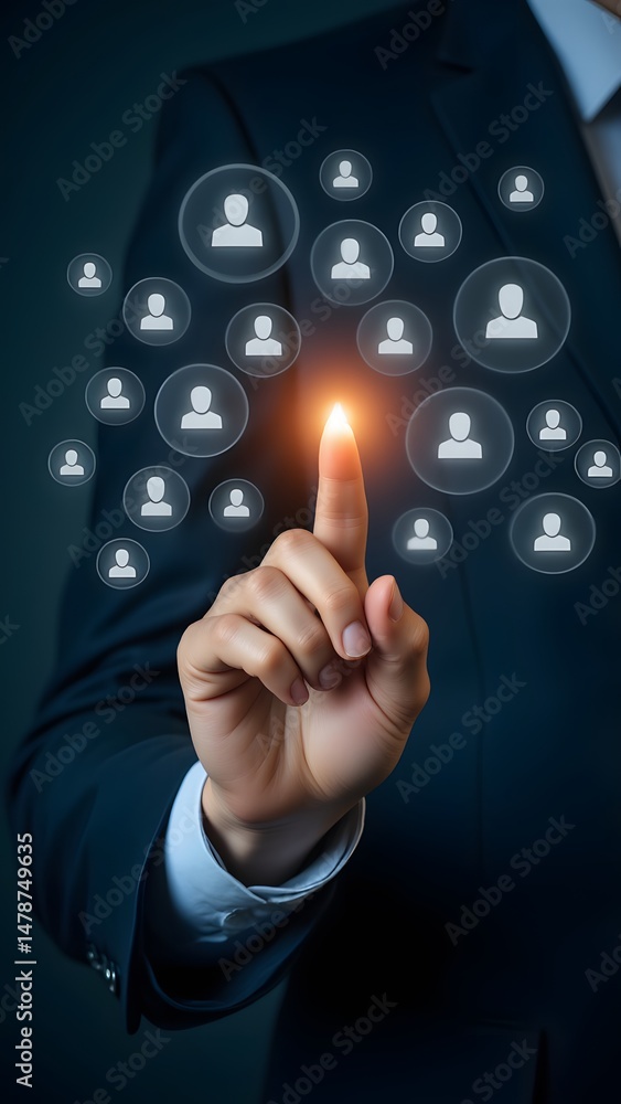 Poster connecting globally interactive network digital business person touching screen interface selecting 